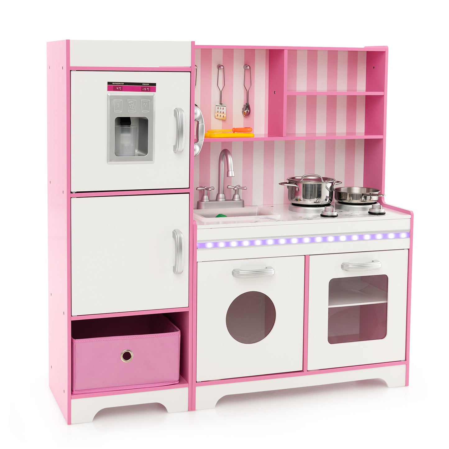 Infans Kids Kitchen Playset Wooden Toy with Adjustable LED Lights & Washing Machine