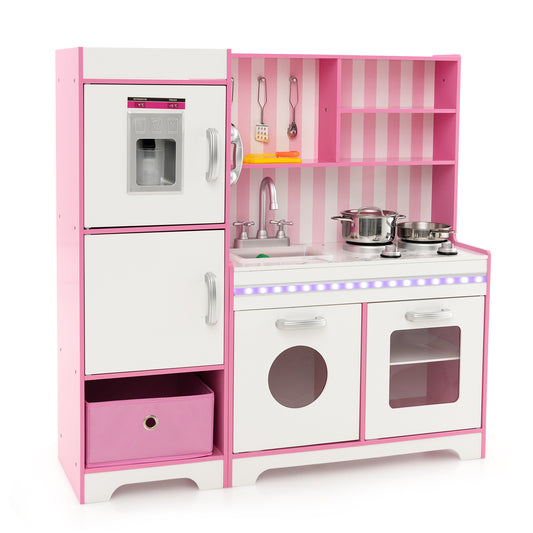 Infans Kids Kitchen Playset Wooden Toy with Adjustable LED Lights & Washing Machine