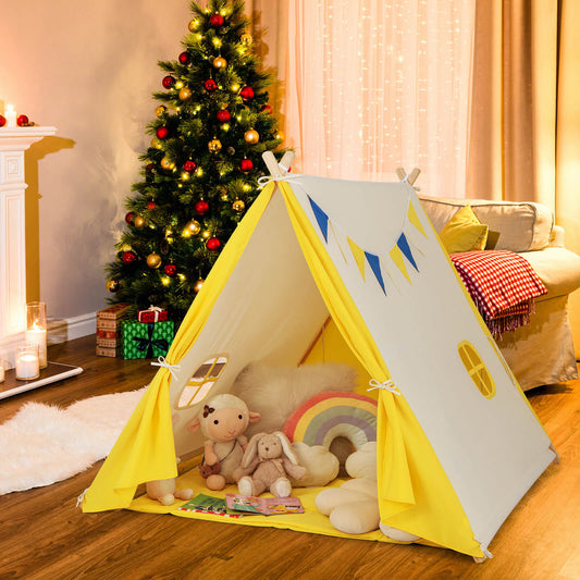 Infans Kids Play Tent, Triangular Kids & Toddlers Tent with Solid Wood Frame Beige
