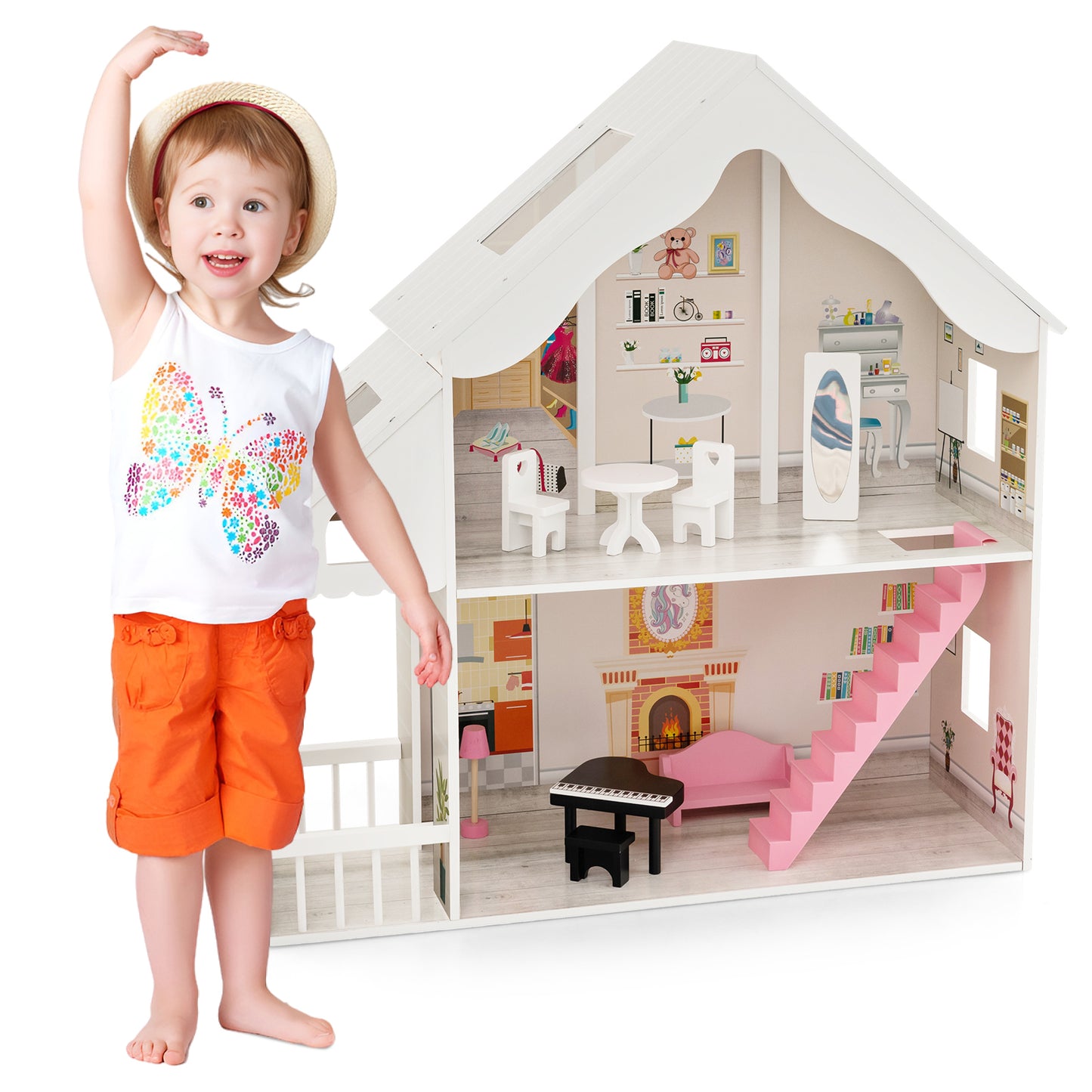 Infans Kids Wooden Dollhouse Semi-Opened DIY Playset w/ Simulated Rooms & Furniture