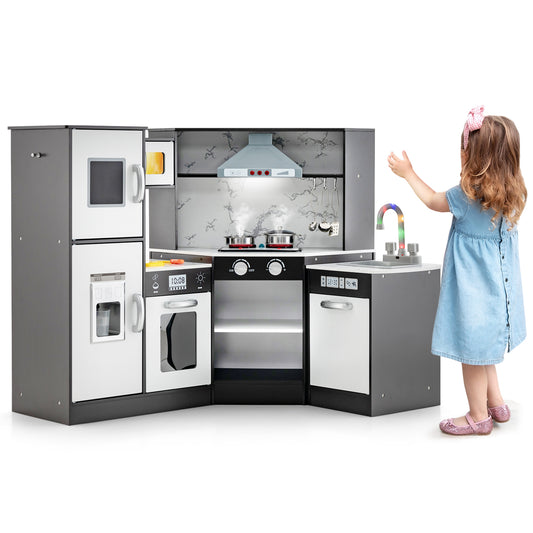 Infans Kids Corner Kitchen Playset Wooden Pretend Play Toy with Microwave & Ice MakerCoffee