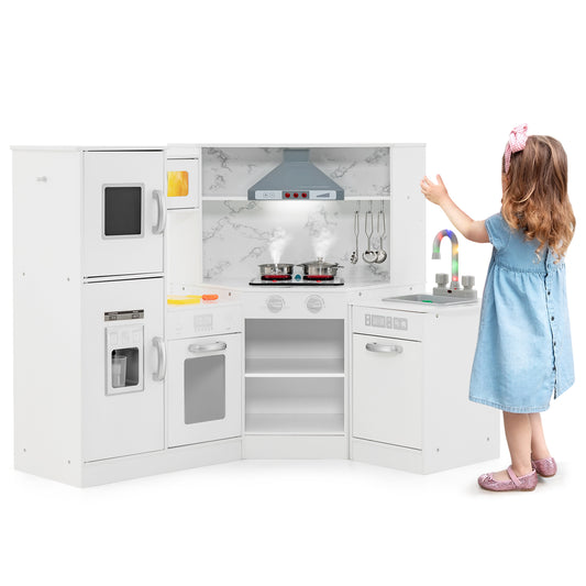 Infans Kids Corner Kitchen Playset Wooden Pretend Play Toy with Microwave & Ice MakerWhite