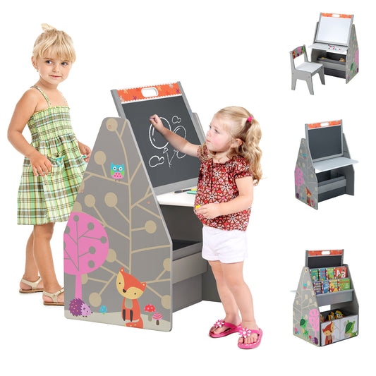 Infans Kids Table and Chair Set with Rotatable Double-sided Magnetic Blackboard and WhiteboardGrey