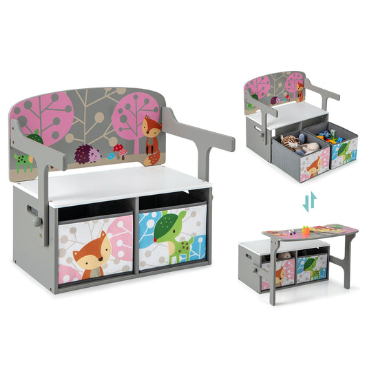 Infans 3 in 1 Kids Convertible Activity Bench Children Table & Chair Set w/ 2 BinsGrey