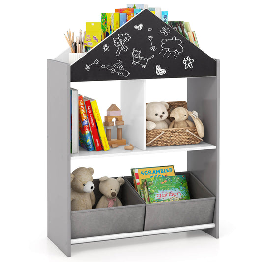Infans Kids Dollhouse Bookshelf w/ Writable Chalkboard  Whiteboard 4 Top CompartmentsGray