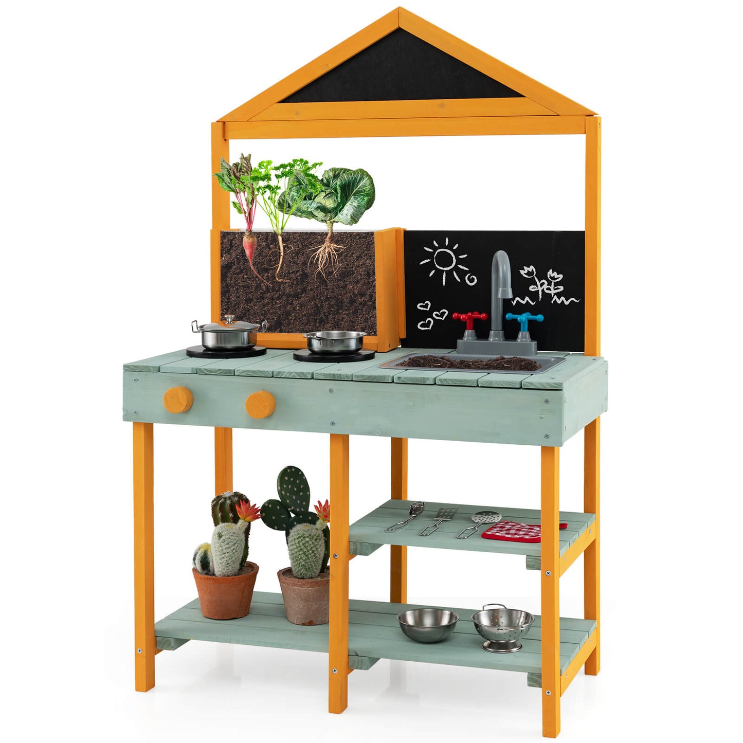 Infans Kids Kitchen Playset Outdoor Mud Kitchen with Root Viewer Planter Removable Sinkcolorful