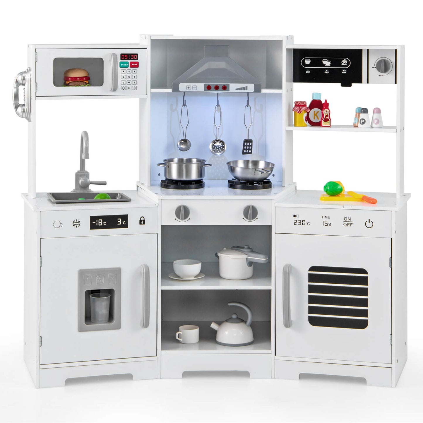 Infans Pretend Play Kitchen for Kids Toddler Aged 3+ Wooden Toy Set w/ Range HoodWhite