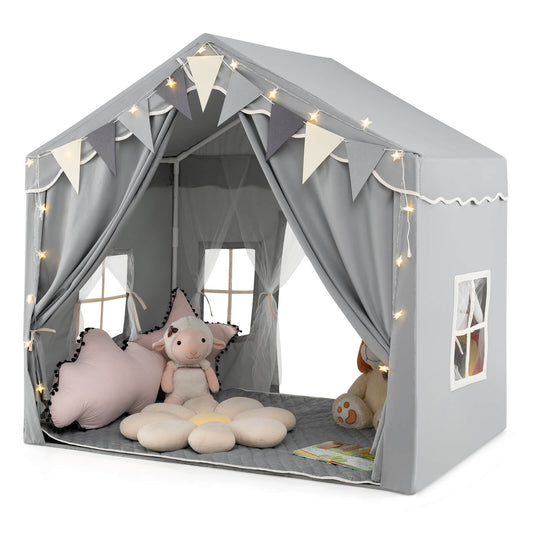 Infans 3-4 Kids Large Play Tent House w/ 2 Opening Doors Star Lights & Plaid PennantsGray