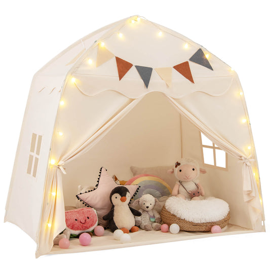 Infans Kids Play Tent w/Flags and Globe String Lights for 3-12 Years Old Indoor OutdoorBeige