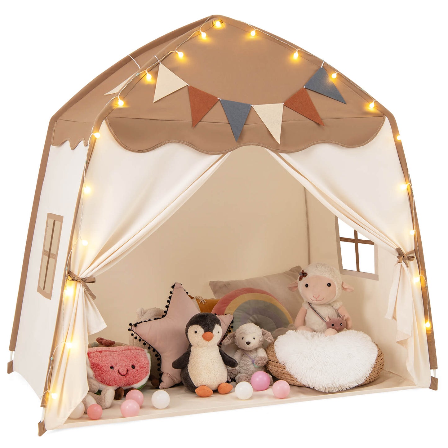 Infans Kids Play Tent w/Flags and Globe String Lights for 3-12 Years Old Indoor OutdoorBeige + Coffee