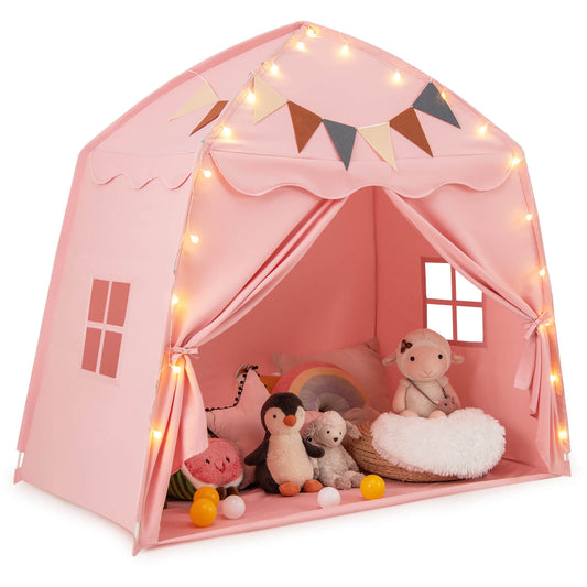 Infans Kids Play Tent w/Flags and Globe String Lights for 3-12 Years Old Indoor OutdoorPink