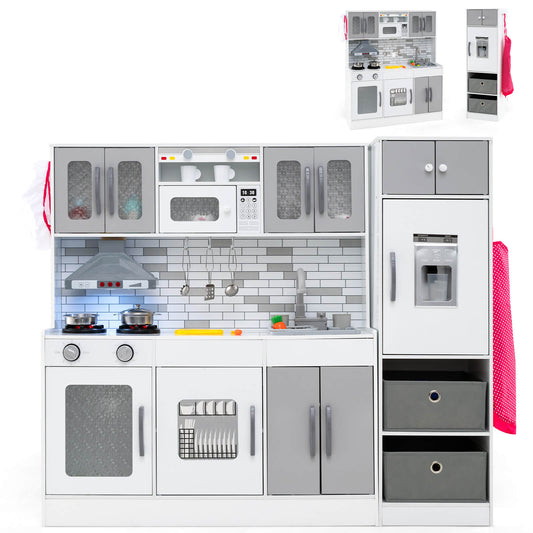 Infans Wooden Kitchen Playset w/Lights Sounds Interactive Features Storage AccessoriesGray + White