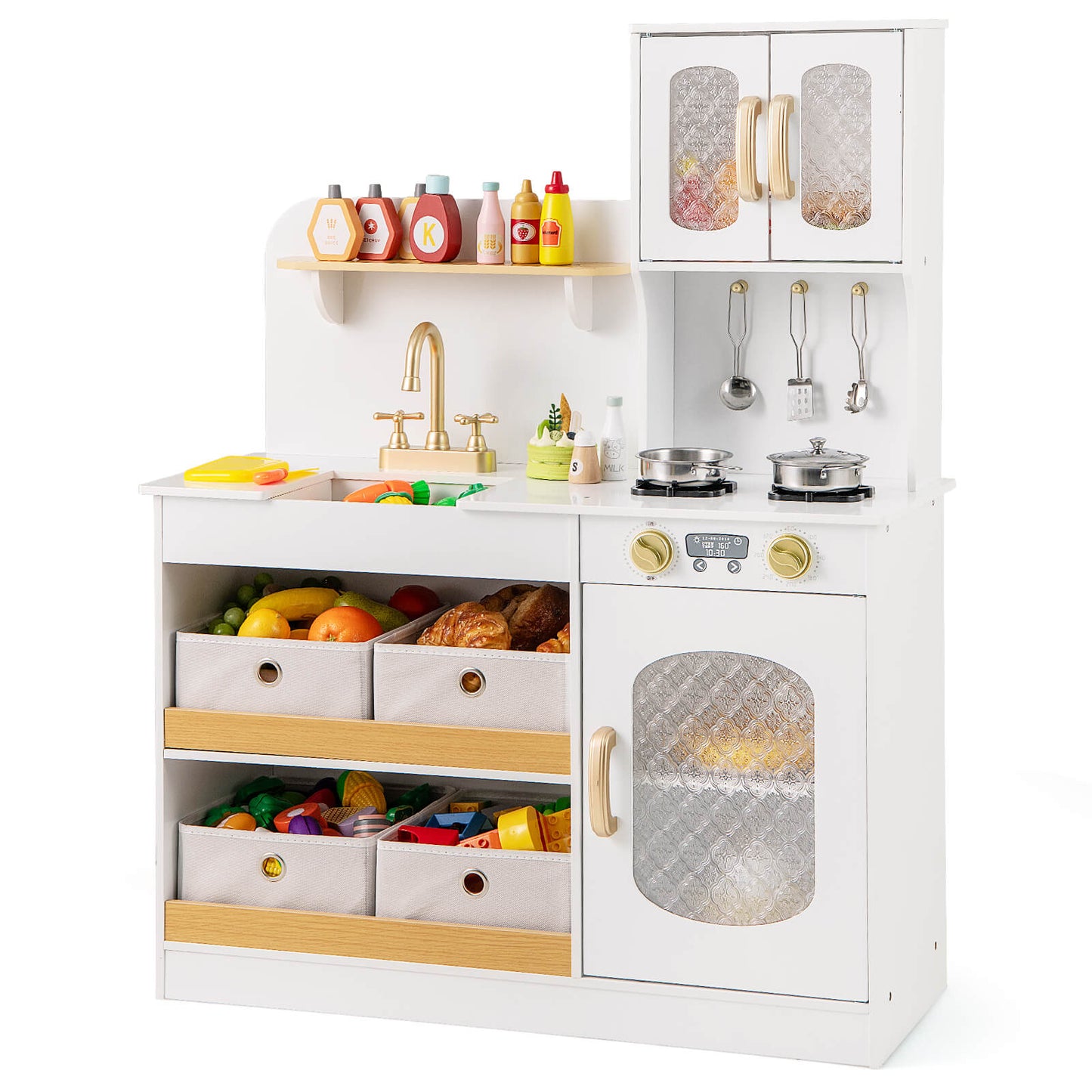 Infans Kids Kitchen Playset Toy Play Kitchen w/ 4 Fabric Drawers, Stoves, Oven & Faucet