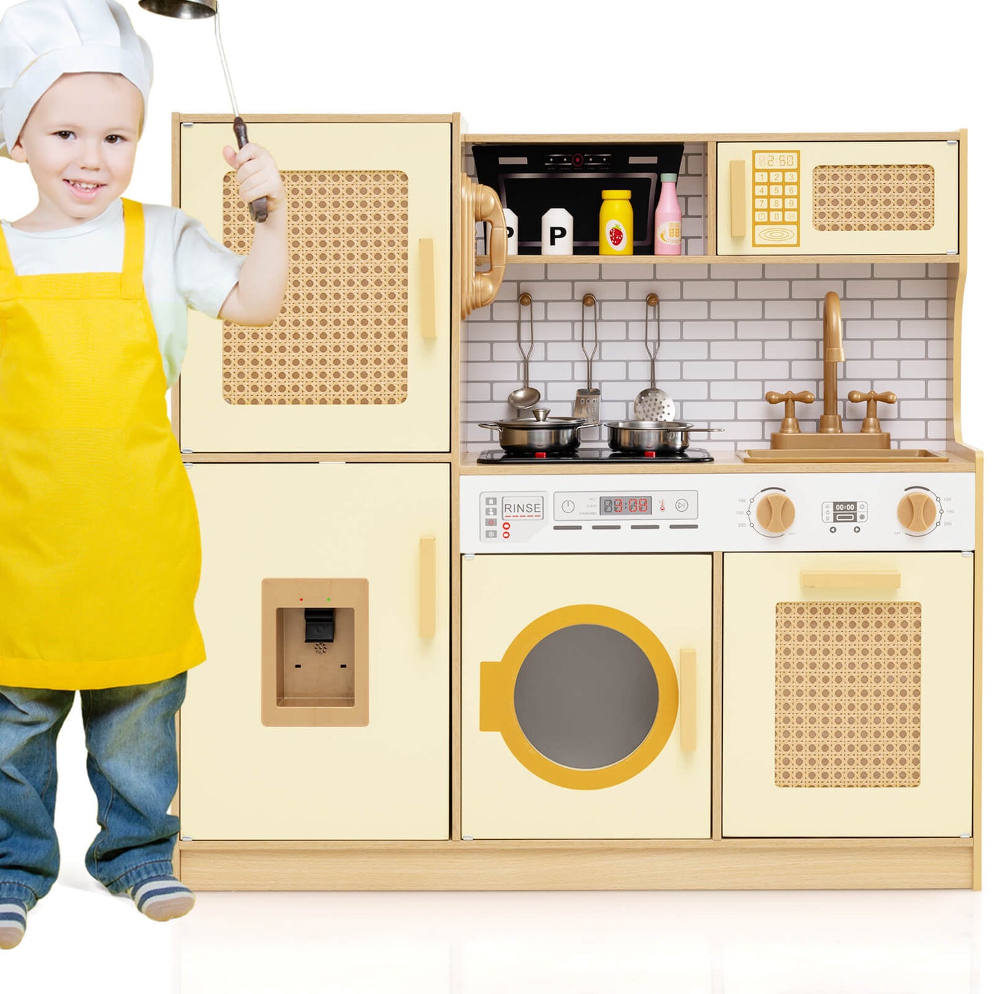 Infans Wooden Kids Kitchen Playset Pretend Play Kitchen w/ Real Sounds Lights Pink