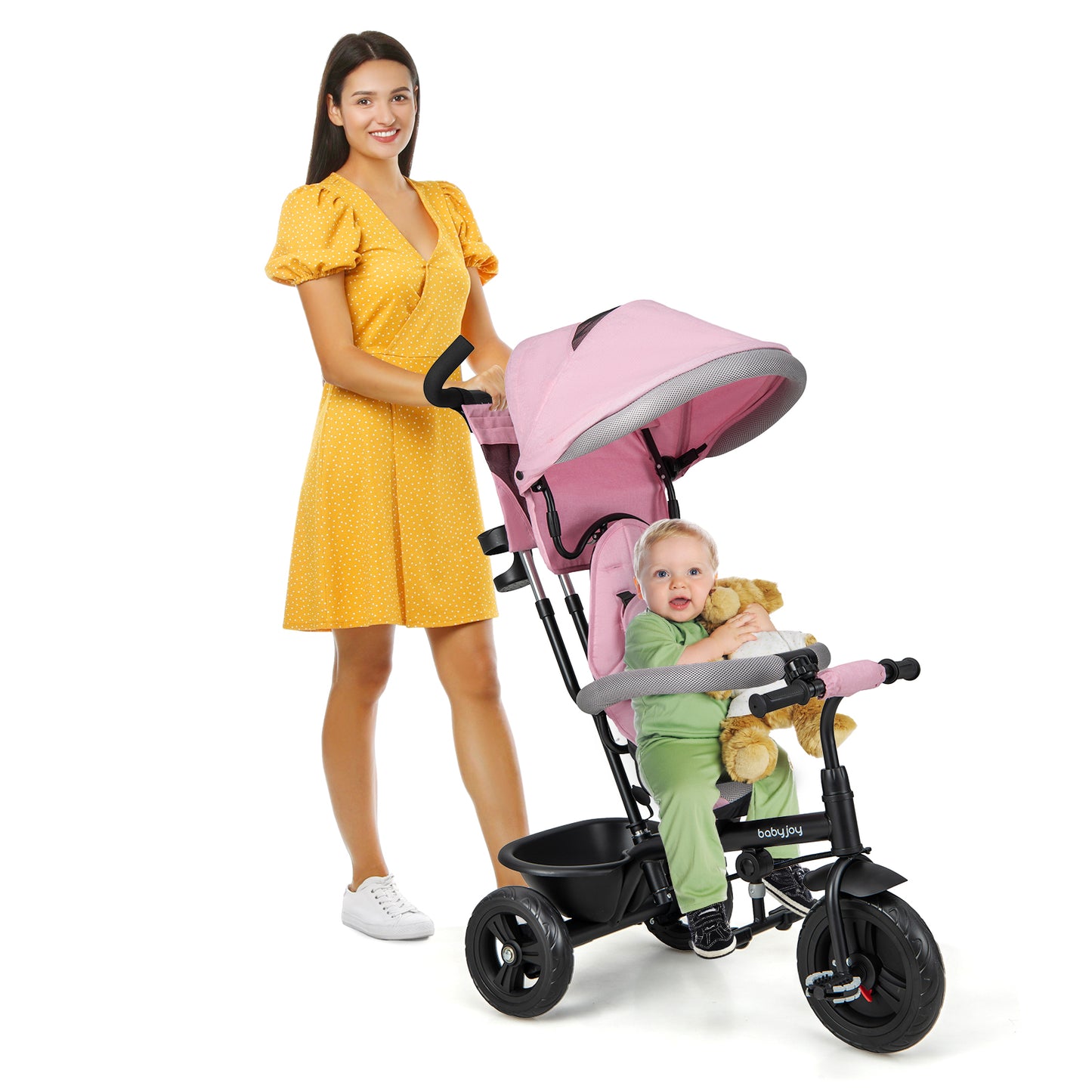 Infans 4-in-1 Multifunctional Tricycle Kids Trike w/ Removable Canopy &  Push HandlePink