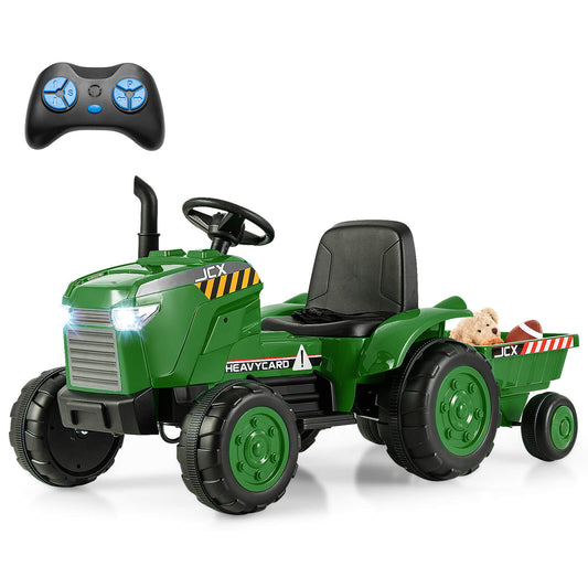 Infans 2-in-1 Electric Toy Car 12V Kids Ride On Tractor w/Trailer Remote Control LightsGrayish Green