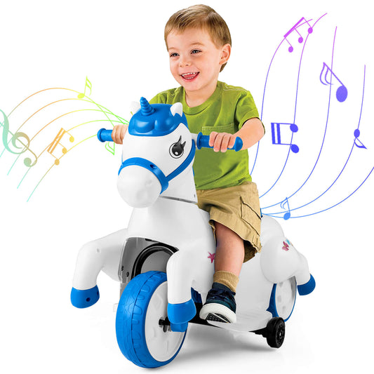 Infans 12V Kids Ride on Unicorn Toy w/ Training Wheels Music One-button Start Horse ToyBlue & White