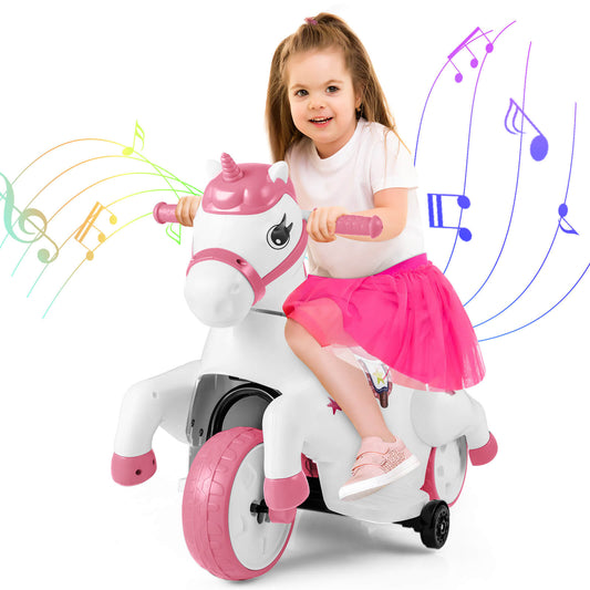 Infans 12V Kids Ride on Unicorn Toy w/ Training Wheels Music One-button Start Horse ToyPink & White