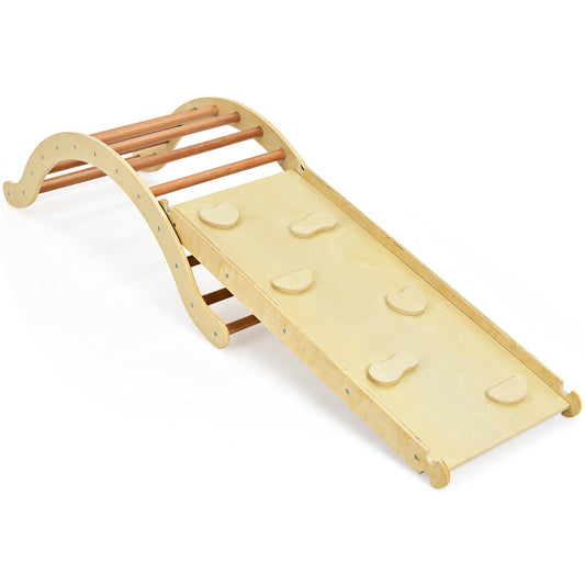 Infans 3-in-1 Kids Climber Set Wooden Arch Triangle Rocker w/ Ramp & Blue MatNatural/Blue