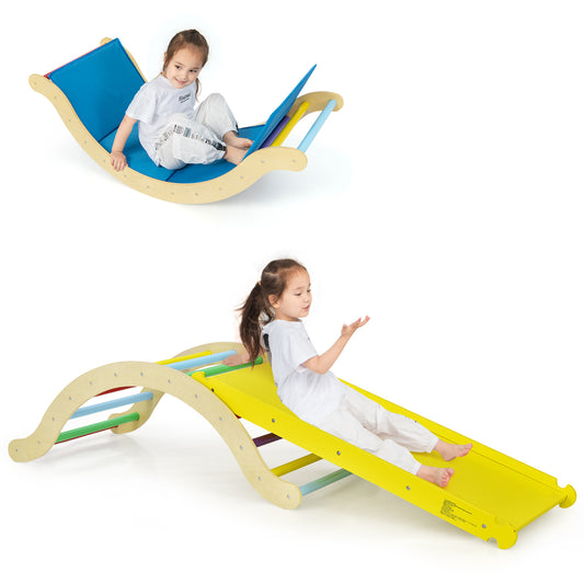 Infans 3-in-1 Kids Climber Set Wooden Arch Triangle Rocker w/ Ramp & Blue MatNatural/Blue/Yellow