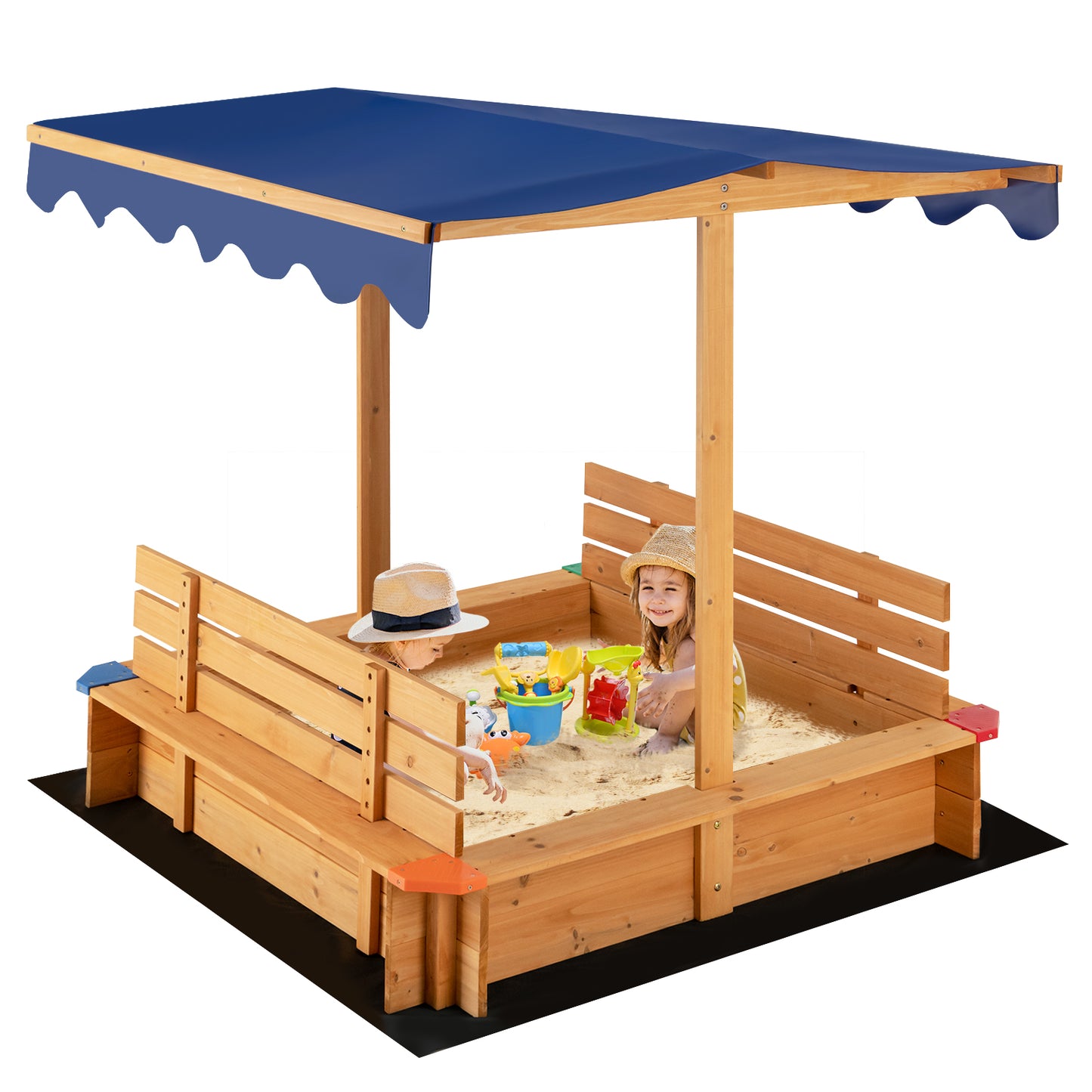 Infans Kids Wooden Sandbox w/ Canopy & 2 Bench Seats Bottom Liner for Outdoor