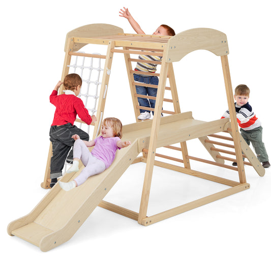 Infans 6-in-1 Indoor Jungle Gym Wooden Playground Climber Playset for Kids 1+ YearsNatural