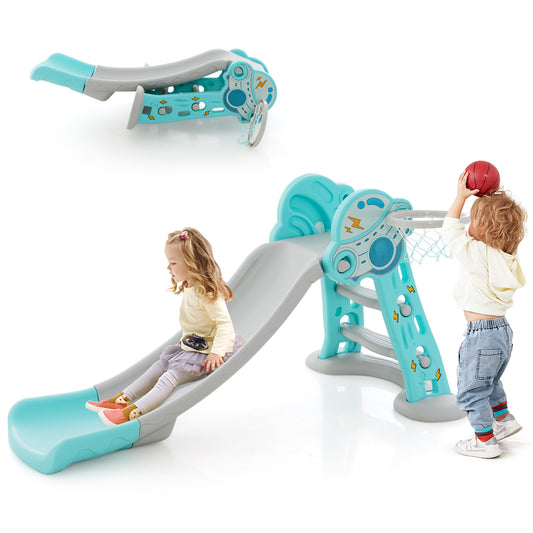 Infans 3-in-1 Kids Indoor Slide w/ Basketball Hoop & Basketball, Safe Buffer Zone Blue