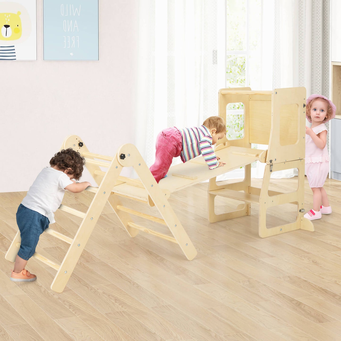 Infans 7-in-1 Toddler Climbing Toy Set w/ Reversible Ramp Convertible Step StoolNatural