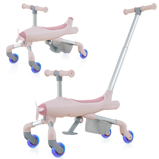 Infans 2-in-1 Kids Ride-on Push Car w/ LED Lighted Wheels Removable & Adjustable HandlePink