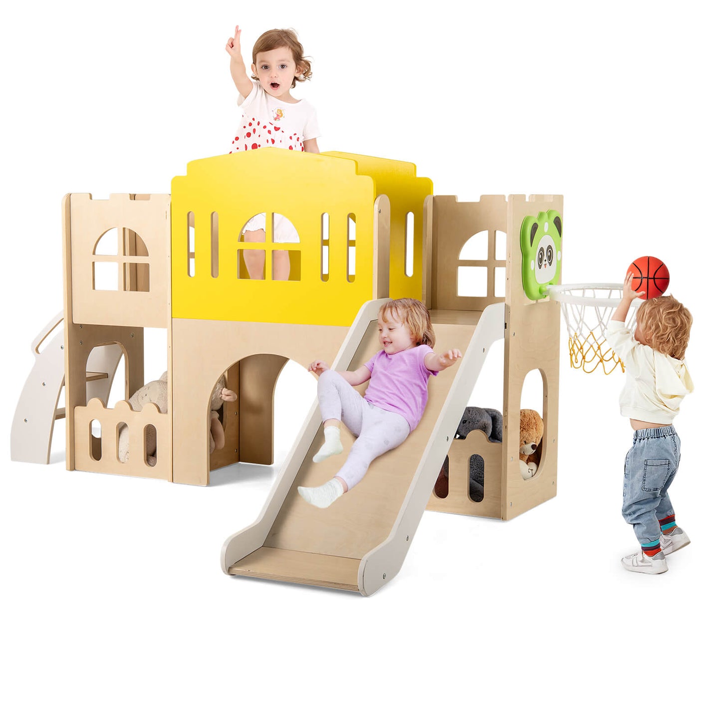 Infans 7-in-1 Toddler Slide Set Wooden Castle-Shaped Entertainment Activity Center
