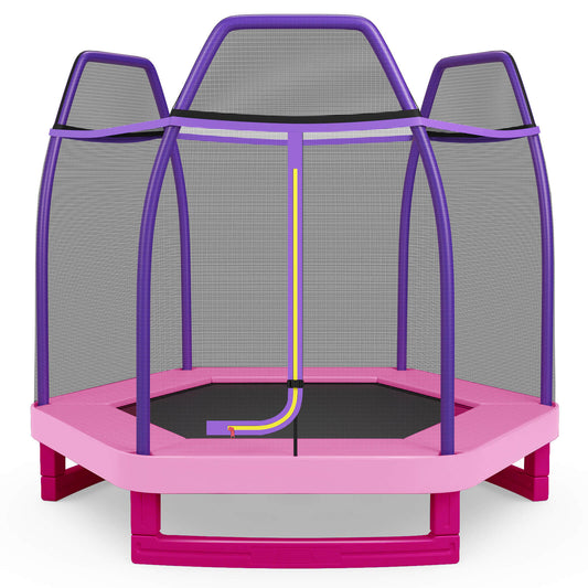 Infans 7FT Kids Trampoline with Safety Enclosure Net Spring Pad & Jumping Mat for KidsPurple,Pink