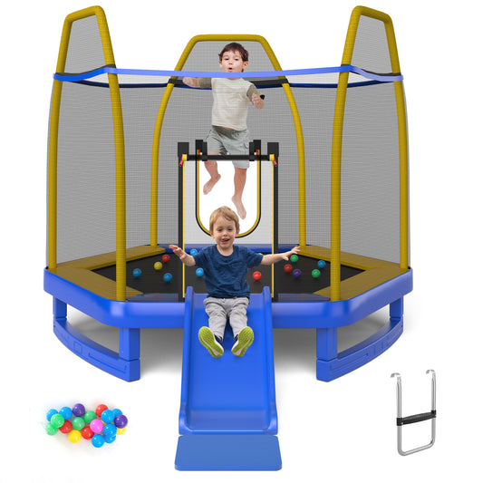 Infans 7FT Kids Recreational Trampoline w/Ladder & Slide Ocean Ball Indoor OutdoorBlue/Yellow