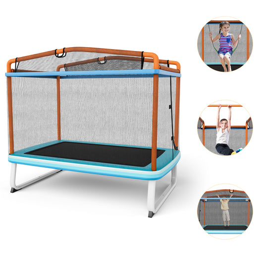 Infans 3-in-1 6FT Rectangle Kids Trampoline W/Swing Horizontal Bar & Safety Net OutdoorBlue/Orange