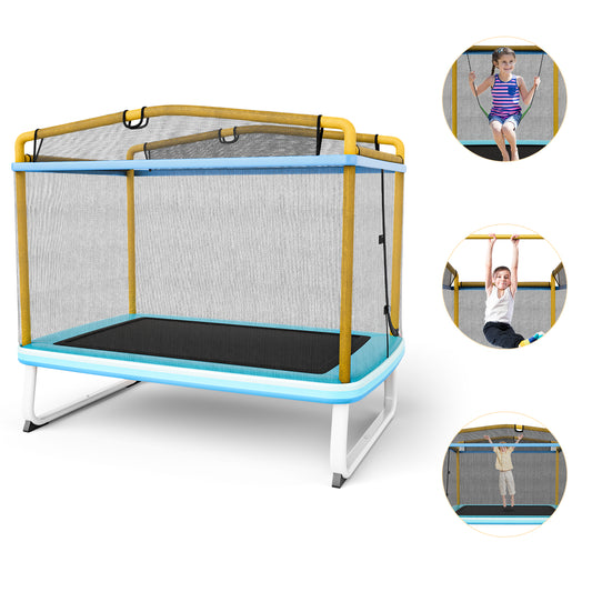 Infans 3-in-1 6FT Rectangle Kids Trampoline W/Swing Horizontal Bar & Safety Net OutdoorBlue/Yellow