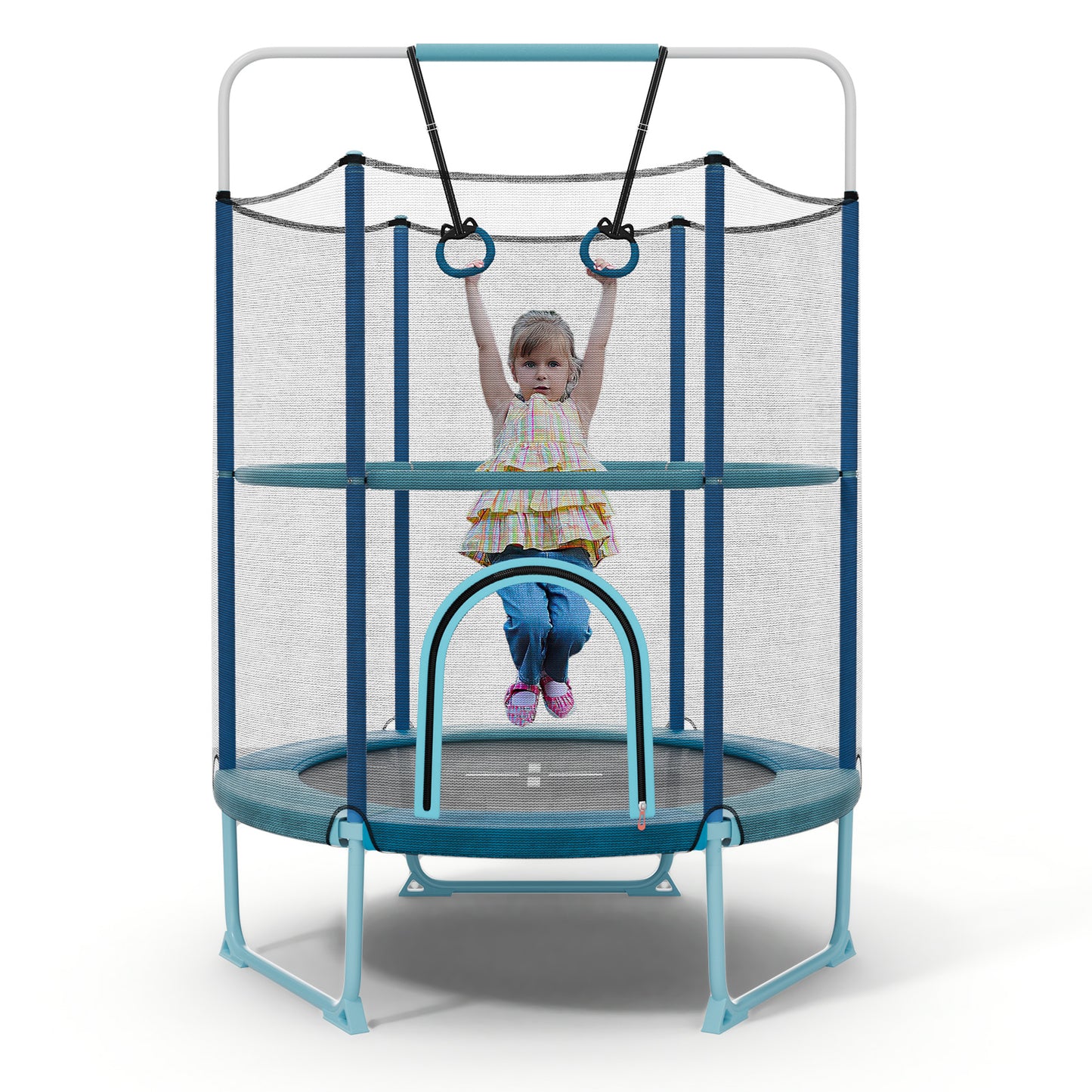 Infans 60 inch Trampoline for Kids w/Gymnastic Bar Rings Foamed Handle No Gap Design Blue