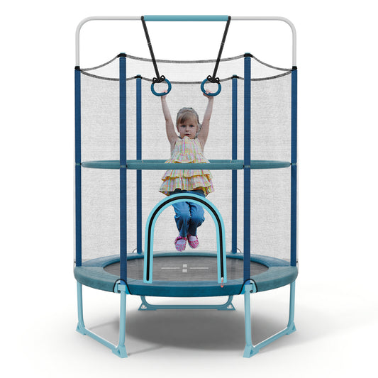 Infans 60 inch Trampoline for Kids w/Gymnastic Bar Rings Foamed Handle No Gap Design Blue