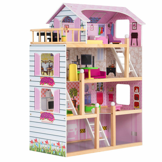 Infans Doll Cottage Dollhouse w/ Furniture Kids Wood House Playset Children Toy