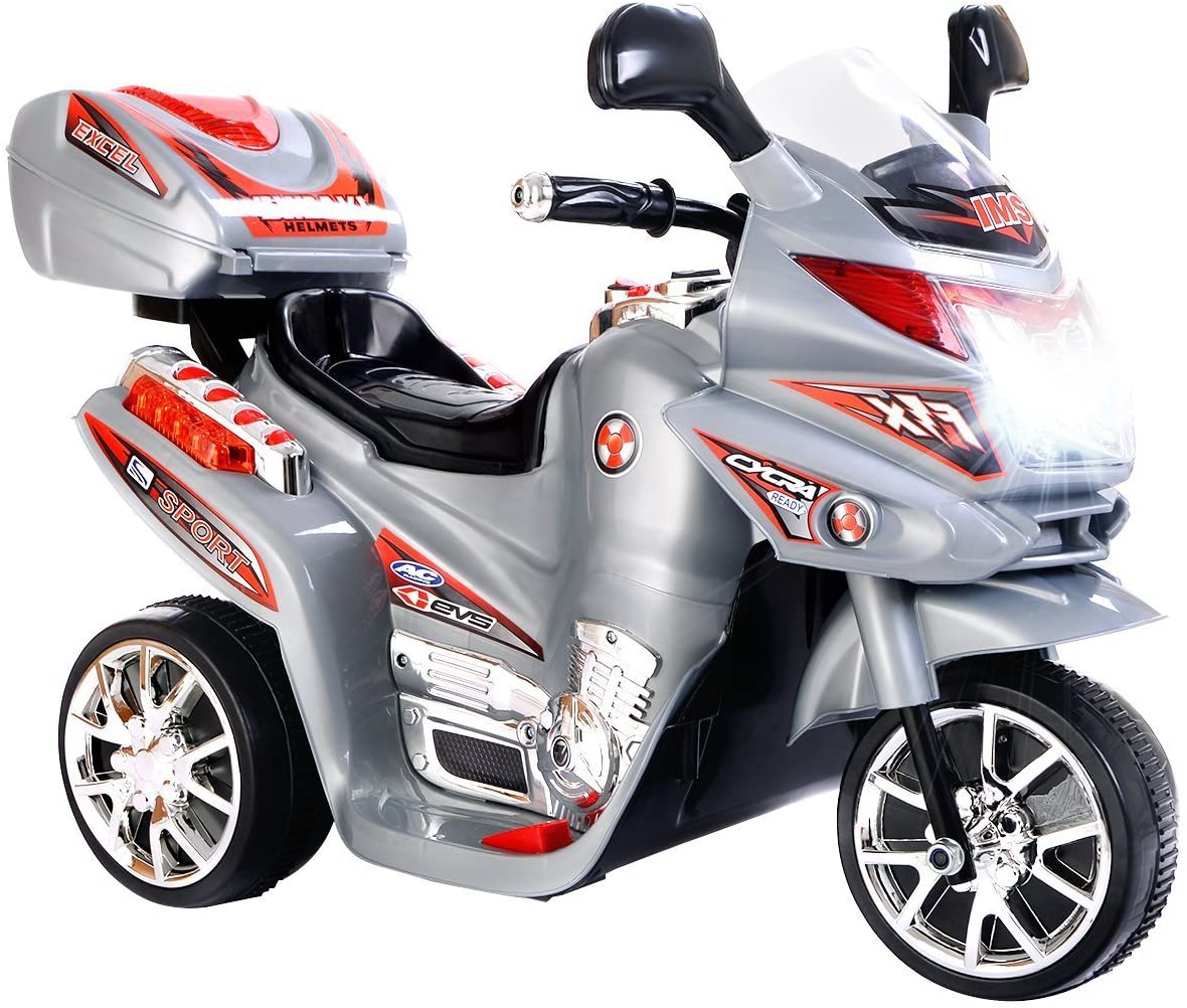 Infans Ride On Motorcycle, 6V Battery Powered 3 Wheels Electric Bicycle, Ride On Vehicle with Music, Horn, Headlights for Kids (Gray)