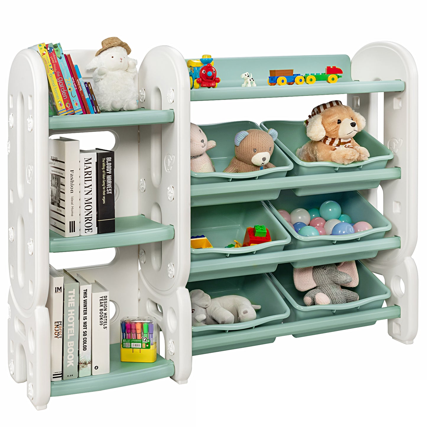 Infans Kids Toy Storage Organizer w/Bins & Multi-Layer Shelf for Bedroom Playroom Green