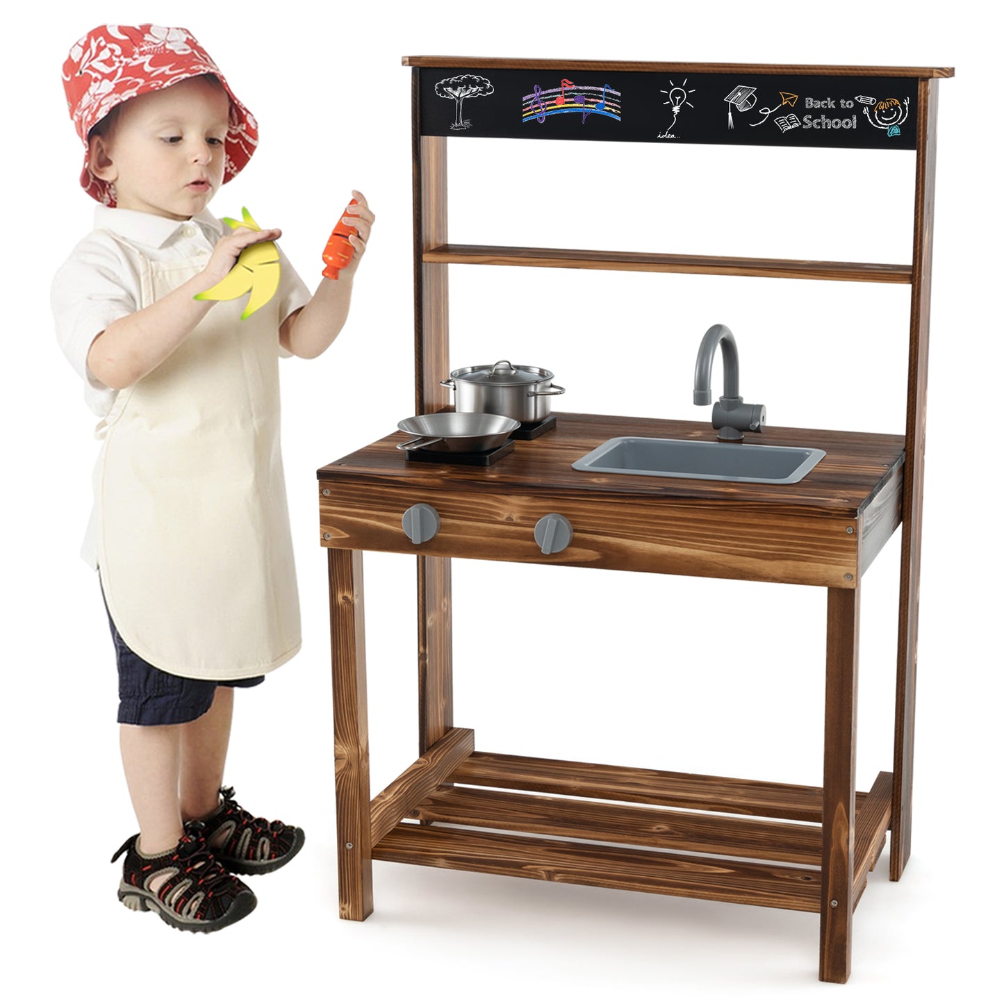 Infans Kids Mud Kitchen Play Kitchen with Blackboard, Stoves, Removable Sink Natural