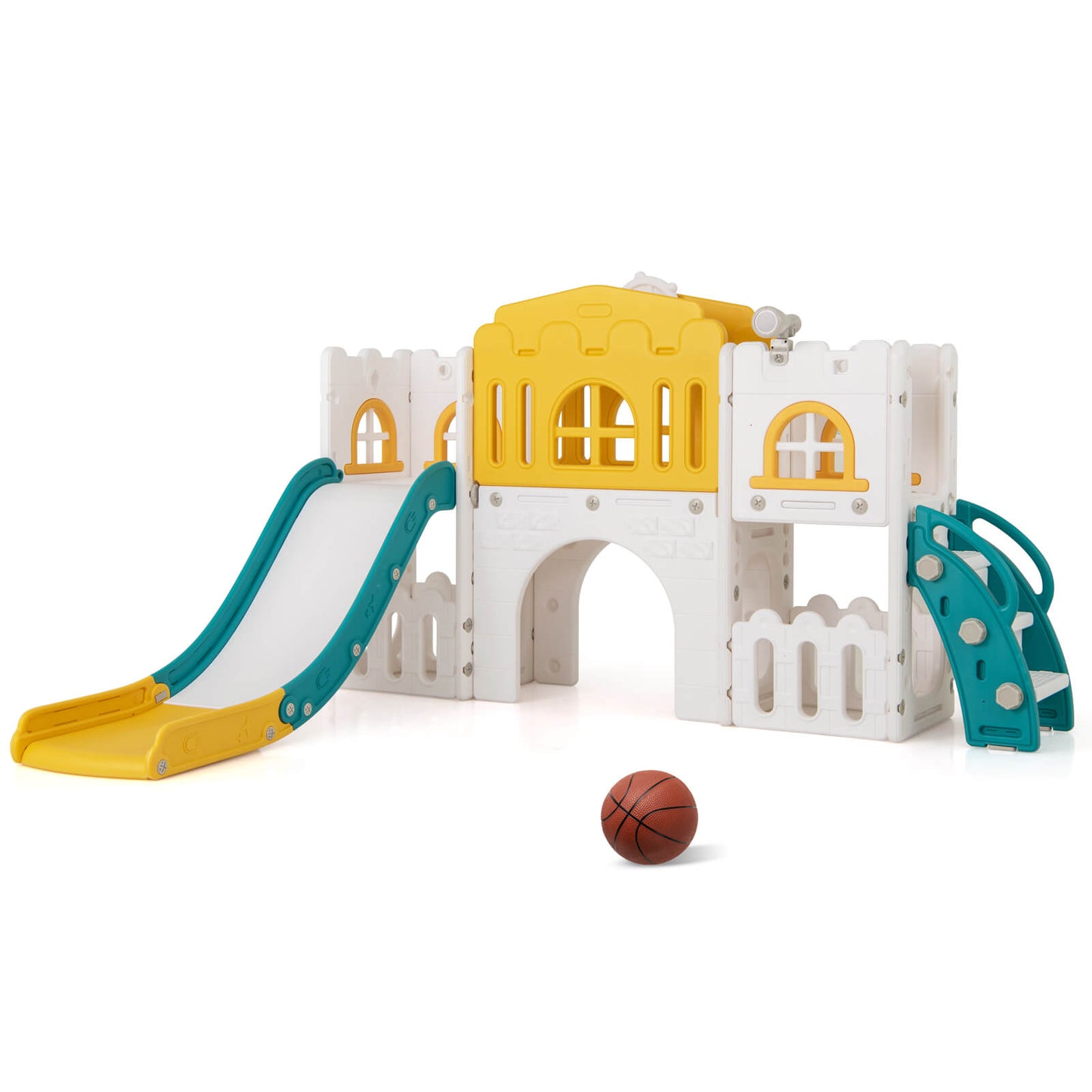 Infans All in 1 Toddle Slide Playset Freestanding Kids Slide w/ Tunnel, Basketball Hoop