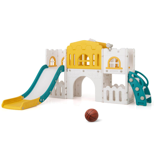 Infans All in 1 Toddle Slide Playset Freestanding Kids Slide w/ Tunnel, Basketball Hoop